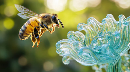 A honeybee about to land on a radiant glass flower, captured with crisp detail against a blurred green backgroundの素材