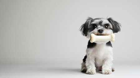 A cute small dog holding a bone in its mouth, sitting against a white background, with ample space for text or brandingの素材