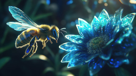 A honeybee in flight approaching a vibrant glass flower with green foliage in the background, detailed and glowing.の素材