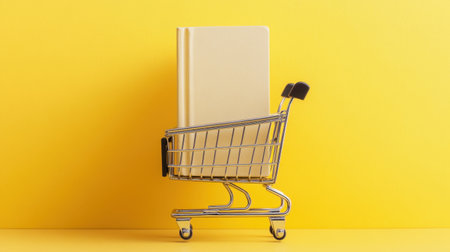 A creative shot of a miniature shopping cart with a large book inside, centered on a bright yellow background.の素材