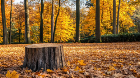 A beautifully weathered wooden stump surrounded by tall trees and vibrant foliage in a serene forest settingの素材