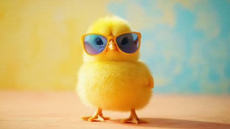 A cool Easter chick in trendy sunglasses, standing out humorously against a soft gradient background.の素材
