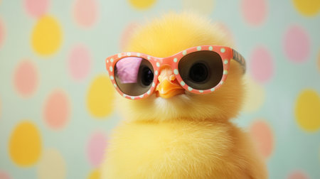 A close-up of a cute Easter chick sporting funky sunglasses, exuding charm and fun on a cheerful spring-colored background.の素材
