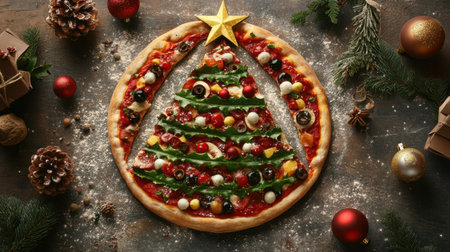 A holiday pizza styled as a Christmas tree, decorated with vibrant toppings and a golden star, perfect for a festive celebration.の素材
