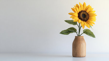 A decorative artificial sunflower in a wooden pot on a clean white surface, with an empty wall for creative use.の素材