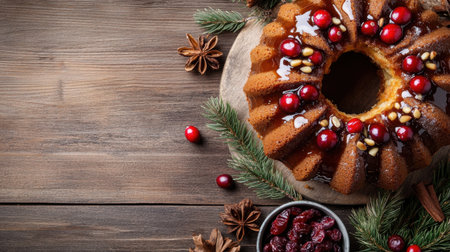 A festive bundt cake with a shiny glaze and cranberries, sitting beside a bowl of dried cranberries and pine nuts on a wooden surface.の素材