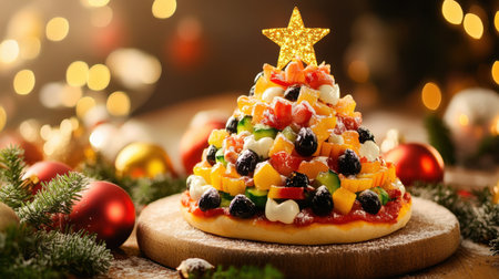 A holiday pizza styled as a Christmas tree, decorated with vibrant toppings and a golden star, perfect for a festive celebration.の素材