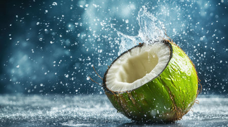 A fresh green coconut with water spraying outward, frozen in time with vibrant clarity, surrounded by droplets.の素材