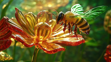 A honeybee in flight approaching a vibrant glass flower with green foliage in the background, detailed and glowing.の素材