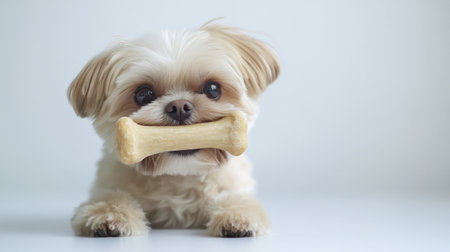 A cute small dog holding a bone in its mouth, sitting against a white background, with ample space for text or brandingの素材