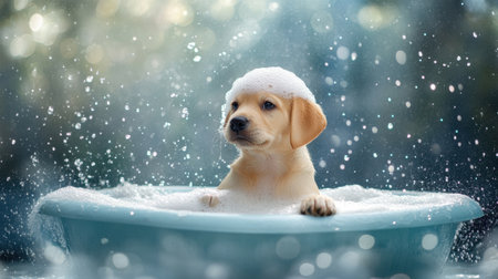 A playful Labrador Retriever puppy sitting in a bubble-filled bathtub, foam on its head, splashing joyfully, with copy space. -の素材