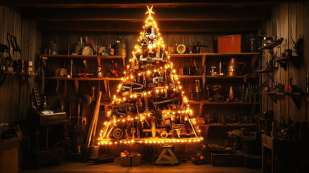 A mechanical-themed Christmas tree built from industrial tools, glowing brightly with warm holiday lights.の素材