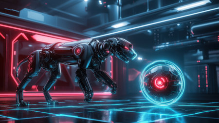 A mechanical dog performing tricks, tossing a glowing ball in a futuristic indoor play area with sleek metallic wallsの素材
