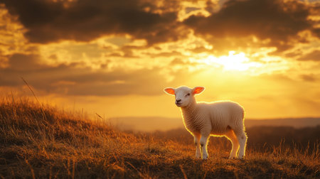 A lone white lamb against a dramatic sunset backdrop, standing on soft grass, evoking peace and simplicity.の素材