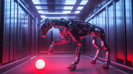 A mechanical dog performing tricks, tossing a glowing ball in a futuristic indoor play area with sleek metallic wallsの素材