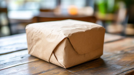 A neatly wrapped brown gift box sitting on a rustic wooden table, exuding warmth and simplicity for celebrations.の素材