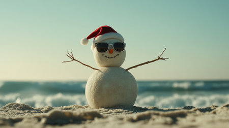 A sandy snowman with sunglasses, a Santa hat, and stick arms, with gentle ocean waves lapping the shore in the background.の素材