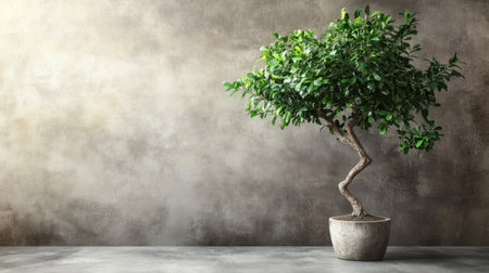 A lush green ficus tree stands gracefully against a neutral beige wall, with a clean and spacious room setting.の素材