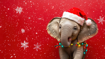 A playful elephant adorned with Christmas lights and a Santa hat, surrounded by snowflakes on a red backdrop.の素材