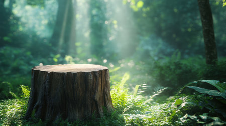 A natural wooden stump used as a desk, blending seamlessly into a lush green forest background, bathed in soft sunlight.の素材