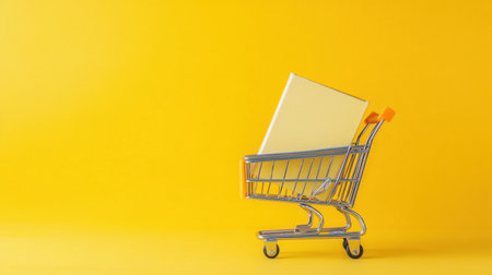 A small shopping cart containing a thick hardcover book, standing out sharply on a clean yellow backdrop.の素材