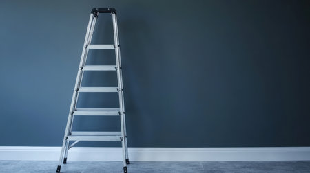 A sturdy aluminum ladder standing against a blank gray wall in a freshly built room, symbolizing construction or maintenanceの素材