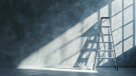 A sturdy aluminum ladder standing against a blank gray wall in a freshly built room, symbolizing construction or maintenanceの素材