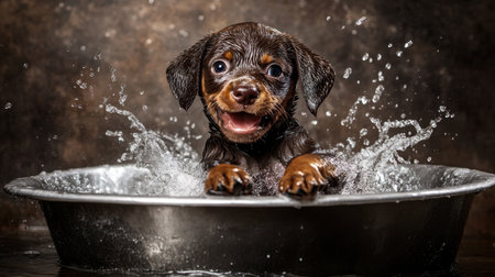 A wet and happy Labrador puppy playing in a bathtub, splashing water joyfully, with ample room for text above.の素材