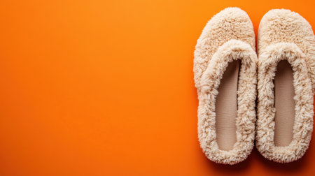 A top-down view of cozy beige soft slippers on a vibrant orange backdrop, with negative space for text or branding.の素材