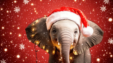 A playful elephant adorned with Christmas lights and a Santa hat, surrounded by snowflakes on a red backdrop.の素材
