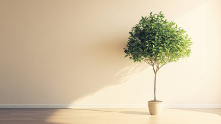 A tall ficus tree in a room with beige walls, exuding minimalism and tranquility with an organic touch.の素材