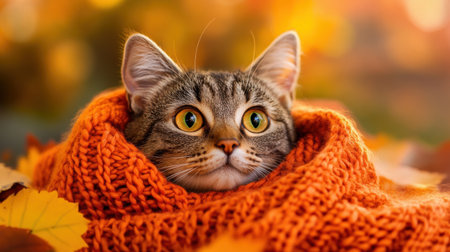 An inquisitive tabby cat peeking out of an orange scarf, with a backdrop of colorful fall foliage and gentle sunlightの素材