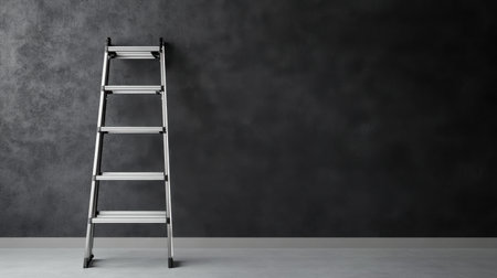An aluminum ladder propped against a gray wall in an empty room, minimalistic setup ready for renovations or installations.の素材
