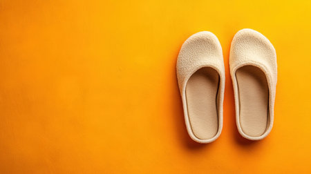 Comfortable beige slippers positioned centrally on a bold orange surface, with ample blank space surrounding them.の素材