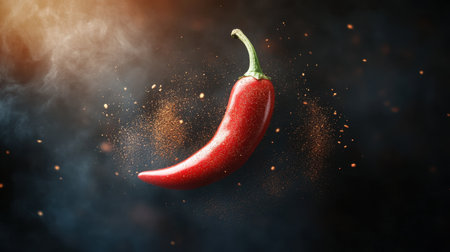 A vibrant red chili pepper floating mid-air, surrounded by swirling dust particles, against a dramatic dark background.の素材