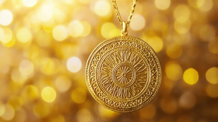 A stunning gold pendant featuring intricate designs, suspended against a soft golden bokeh backdrop. This image captures the essence of elegance and luxury. Perfect for jewelry promotion or fashion concepts.の素材