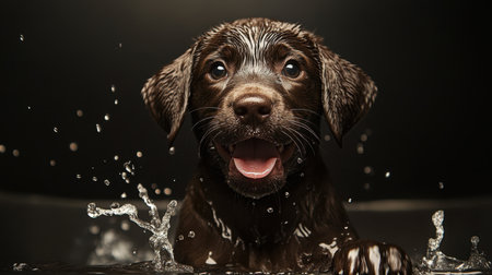 A wet and happy Labrador puppy playing in a bathtub, splashing water joyfully, with ample room for text above.の素材
