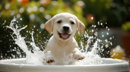 A wet and happy Labrador puppy playing in a bathtub, splashing water joyfully, with ample room for text above.の素材