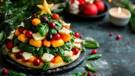 Close-up of a Christmas-themed pizza tree with colorful ingredients, garnished with a basil garland and star-shaped cheeseの素材