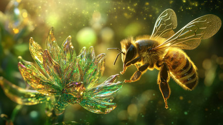 Close-up of a honeybee approaching a multicolored glass flower on a lush green backdrop with a natural, glowing ambianceの素材