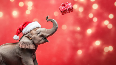 Playful elephant wearing a Santa hat and juggling a Christmas gift, with a bright red holiday backdropの素材