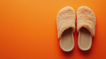 Beige soft slippers resting on an orange backdrop, viewed from above, ideal for cozy or lifestyle branding with blank space.の素材