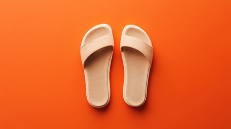 Comfortable beige slippers positioned centrally on a bold orange surface, with ample blank space surrounding them.の素材