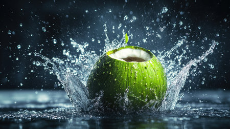 A vibrant green coconut captured mid-splash, water droplets flying dramatically against a dark, high-contrast background.の素材