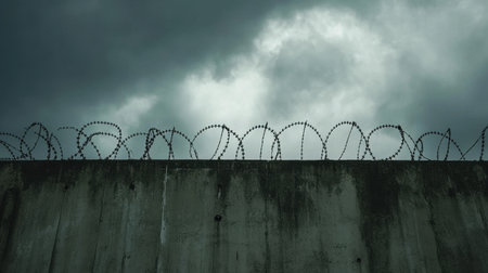 An unsettling scene of a concrete barrier with jagged barbed wire beneath a foreboding, turbulent sky.の素材