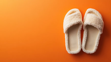 Beige soft slippers resting on an orange backdrop, viewed from above, ideal for cozy or lifestyle branding with blank space.の素材