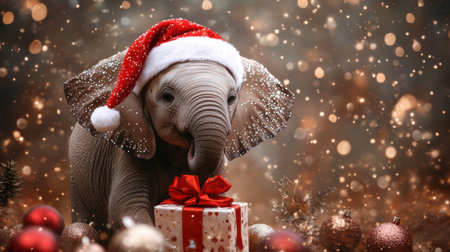 Festive elephant adorned in a Santa hat and surrounded by sparkling Christmas decorations, posing with a wrapped giftの素材