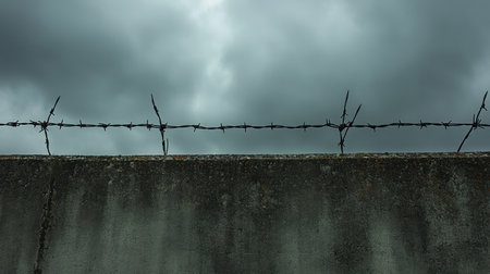 Close-up of barbed wire atop a concrete wall, with dark clouds rolling in overhead, evoking a sense of tension and isolationの素材