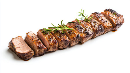 A succulent pork tenderloin sliced and arranged neatly, its golden-brown crust glistening against a clean white background.の素材