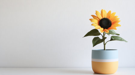 A stylish artificial sunflower arrangement in a colorful pot, with a minimalistic white wall in the background for text placement.の素材